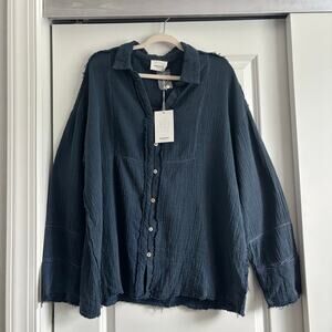 NWT Andree by Unit Gauzy Long Sleeve Top M Gauzy Blue Oversized Relaxed Beachy